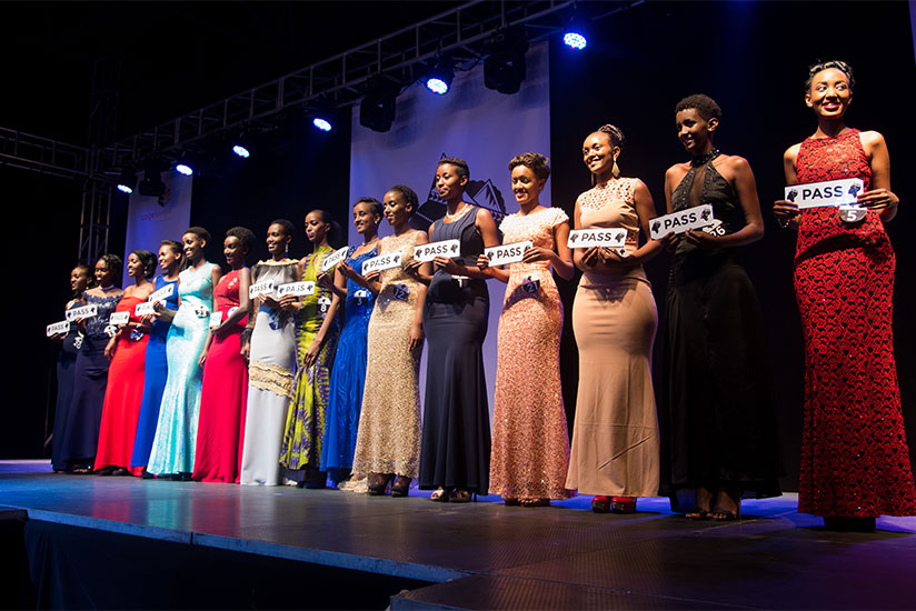 The 15 finalists for Miss Rwanda 2017 pose for a group photo on Saturday. / Faustin Niyigena