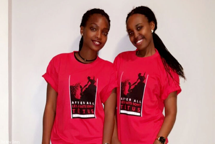 Isimbi and Kamaraba wearing T-shirts branded with the President's inspirational quotes. (Donata Kiiza)