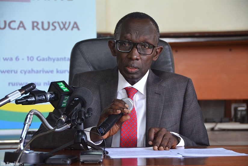 Prof. Rugege addresses the media in Kigali yesterday. Sam Ngendahimana.