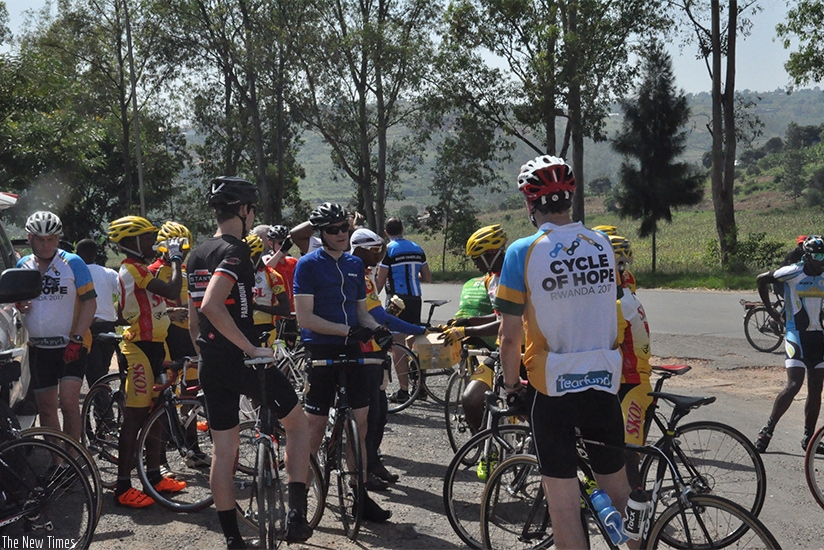 The riders during the just-concluded three-day chairty bike tour that  ended on Thursday in Muhanga district. Courtesy
