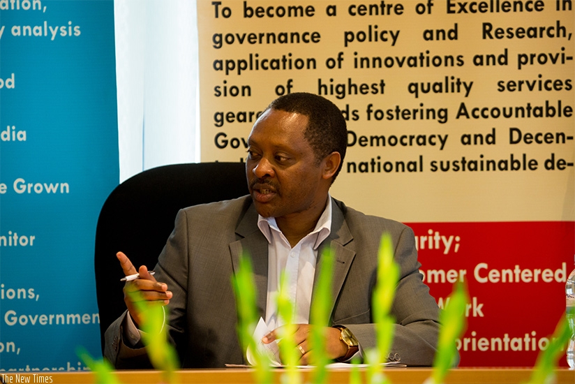Prof. Shyaka briefs the media on the new mandate of RGB. Timothy Kisambira. 