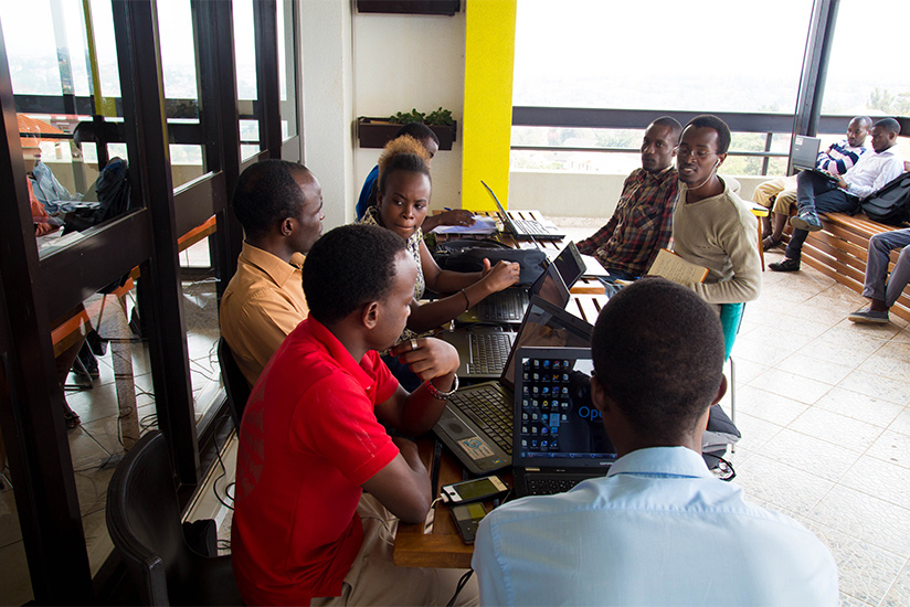 Software developers at kLab, a technology hub for startups in Kigali. File.
