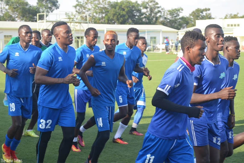 Rwatubyaye (#32) pictured in training with his teammates on Monday at Kigali Regional Stadium. (Courtesy)