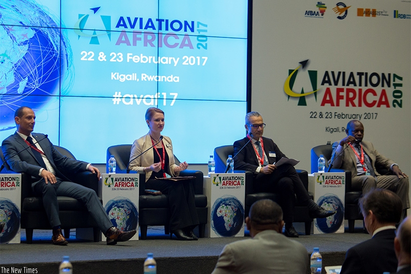 Experts discuss strategies to reduce carbon emissions in aviation industry during the Aviation Africa 2017 Forum in Kigali yesterday. Timothy Kisambira.
