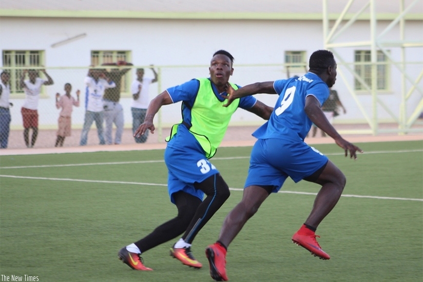 Rwatubyaye, left, seen here in training, is expected to make his long awaited debut for Rayon Sports today against Police FC. Courtesy