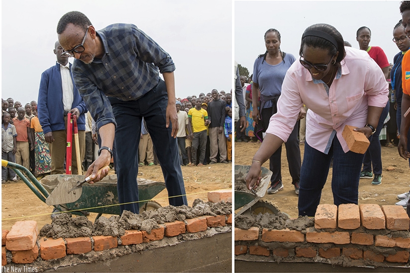 President Kagame and First Lady Jeannette Kagame lay bricks on a foundation site for a school in Simbwa cell-Kabarore sector during Umuganda yesterday. (Village Urugwiro)