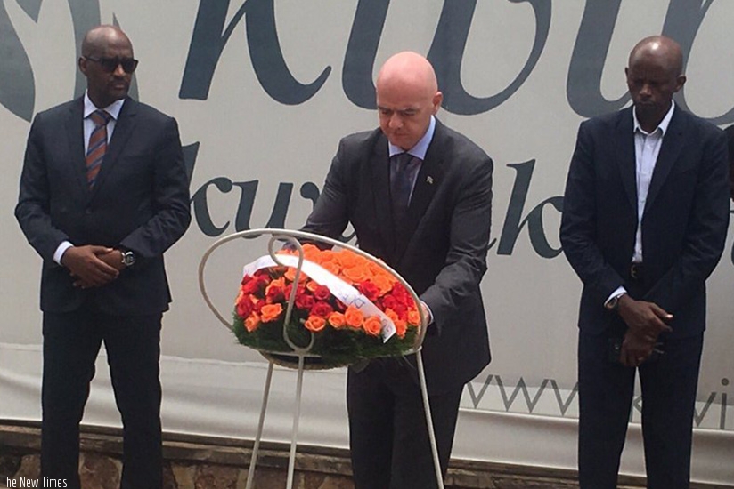 Gianni Infantino visited the Kigali Genocide Memorial Centre in Gisozi on Sunday to pay tribute to victims of the 1994 Genocide against the Tutsi. (Courtesy)