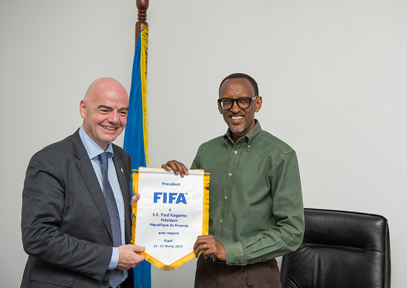 President Kagame receives FIFA chief Gianni Infantino at Gabiro in Eastern Province on Sunday. Village Urugwiro.