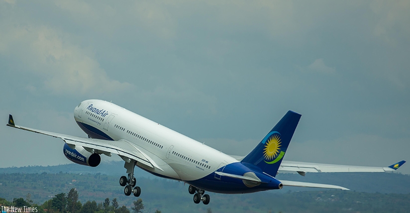 A RwandAir plane takes off at Kigali International Airport. File.