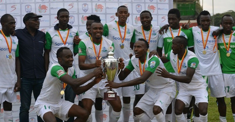 Gor Mahia players celebrating the Kenyan Super Cup title after beating Tusker 1-0 on Sunday. / Courtesy