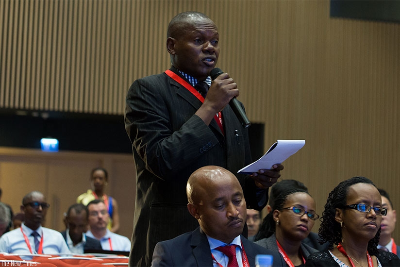 A delegate speaks during last yearu2019s inaugural aviation and hospitality summit in Kigali. / Timothy Kisambira.  
