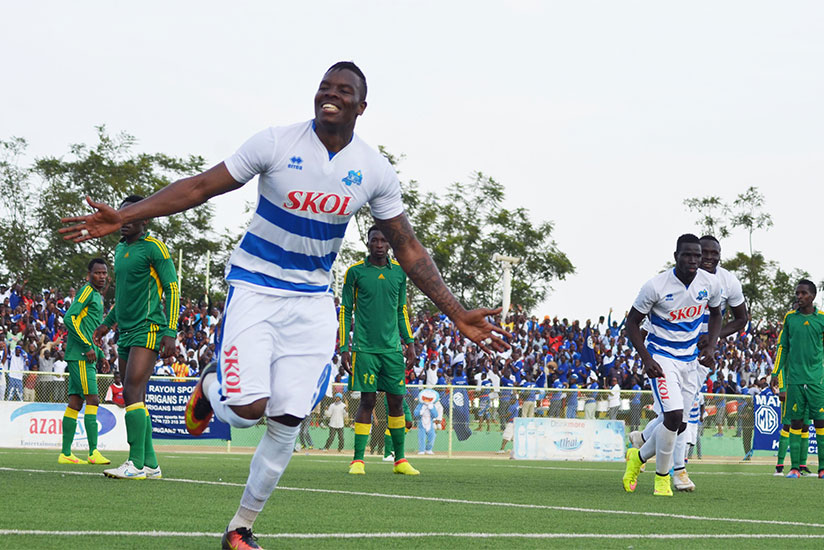 Former APR FC defender Abdul Rwatubyaye  celebrates his goal against Marines FC at Kigali Stadium on Sunday. Rayon won 2-1 to go four points clear at the top. Sam Ngendahimana.