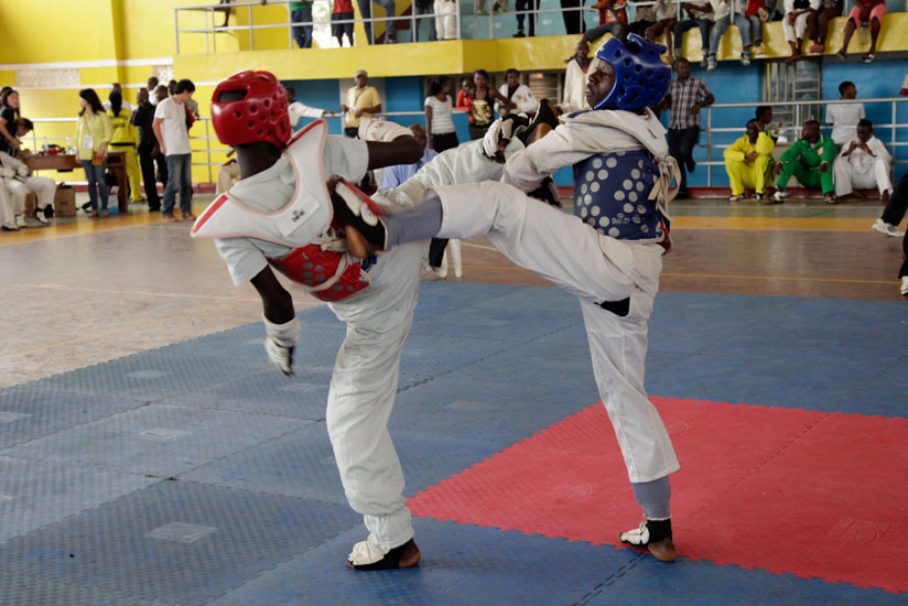 National taekwondo team players captured in action at Amahoro indoor stadium. / File