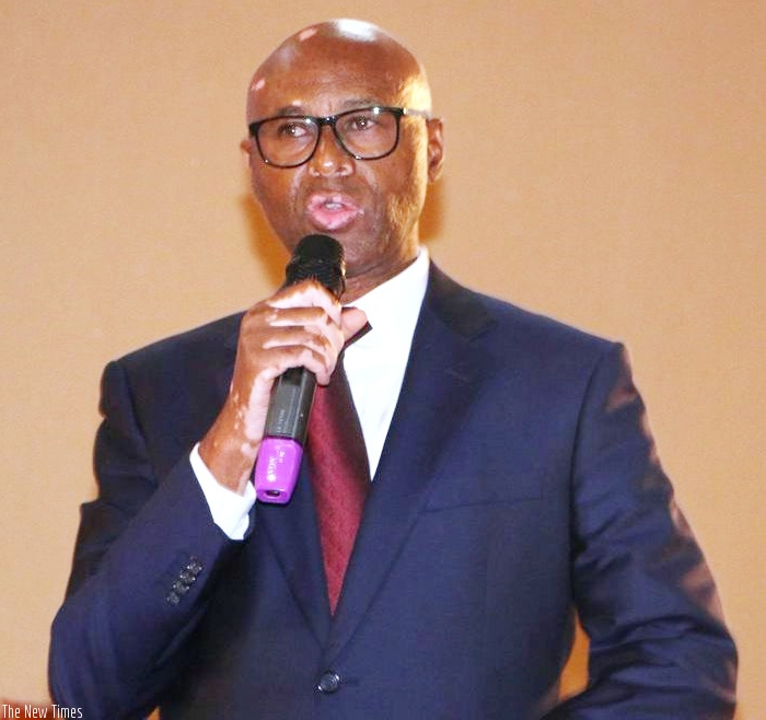 Amb. Munyabagisha giving his acceptance speech after replacing  Robert Bayigamba as Rwanda National Olympic president on Saturday. J. Muhinde. 