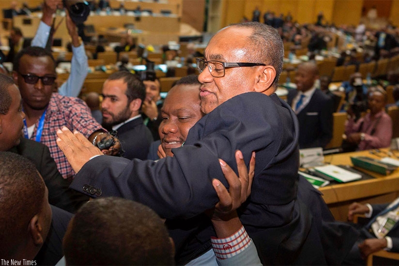 Ahmad Ahmad of Madagascar is given a lift after being elected the president of the Confederation of African Football in Addis Ababa on Thursday. Net photo.