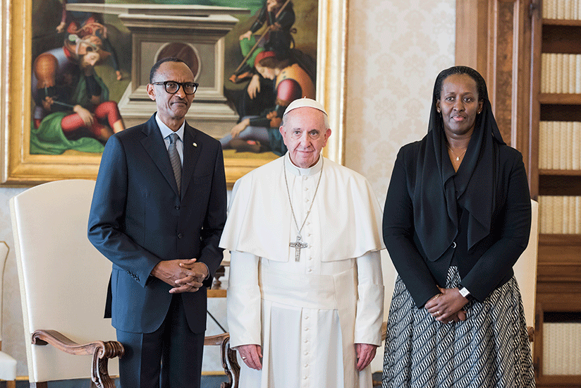 President Paul Kagame and First Lady Jeannette Kagame with Pope Francis at the Vatican on Monday