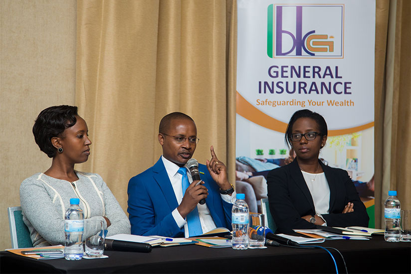 BK General Insurance CEO Alex N. Bahizi, flanked by other BK officials, speaks to journalist at the launch of the new insurer last week. File