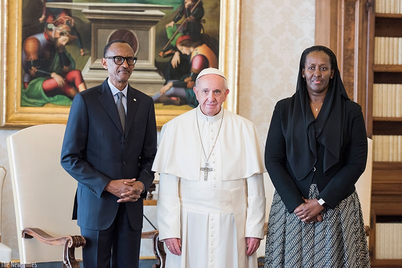 President Kagame and First Lady Jeannette Kagame meet with Pope Francis in the Vatican City yesterday. During the meeting, the President and the pope discussed the relationship bet....