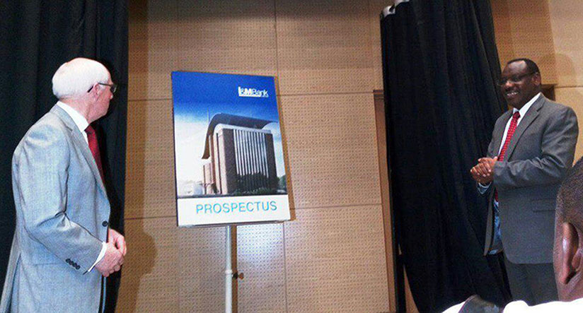 Gatete and the I&M Bank board chair Bill Irwin at the unveiling the IPO prospectus in February. The IPO was oversubscribed by 209%. / File