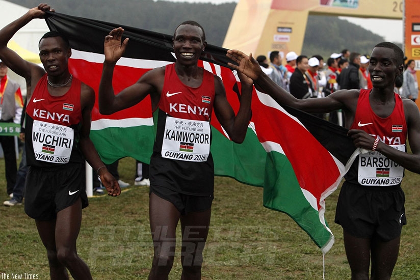 Bedan Karoki, Geoffrey Kamworor and Leonard Barsoton after the senior men's race at the 2015 IAAF World Cross Country Championships in Guiyang. Net photo.