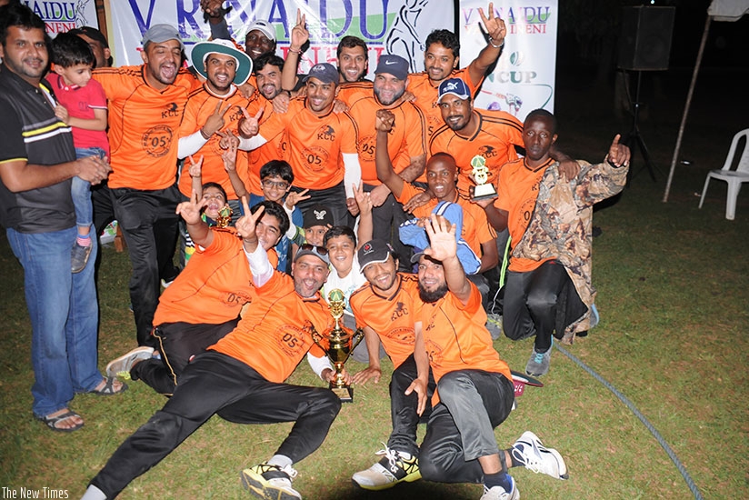 Kigali Cricket Club players celebrate after being crowned champions of this yearu2019s VR Naidu T20 tourney on Sunday. Pontian Kabeera