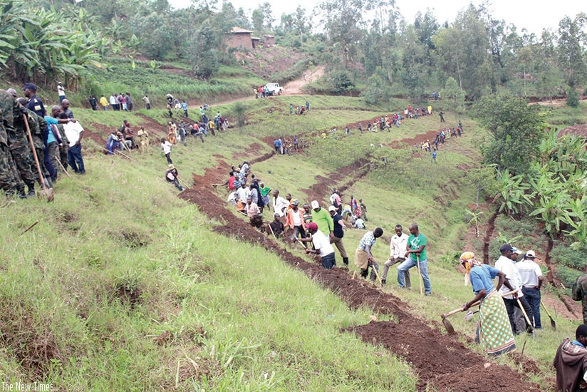 Community workers prepare terraces in Nyabarongo River catchment in Muhanga on Saturday. rnMichel Nkurunziza.