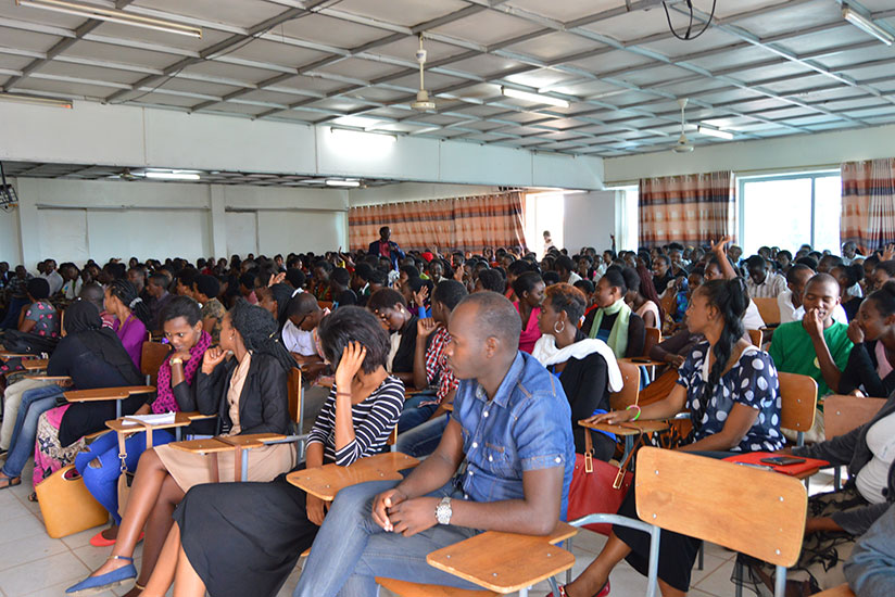 Students attend the public talk on election processes at University of Tourism and Business Studies in Kigali last week. / Francis Byaruhanga