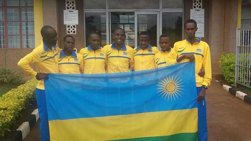 Athletics team captain Alexis Nizeyimana (extreme left) with his teammates that competed at the just concluded 2017 IAAF World Cross Country Championships. / Geoffrey Asiimwe