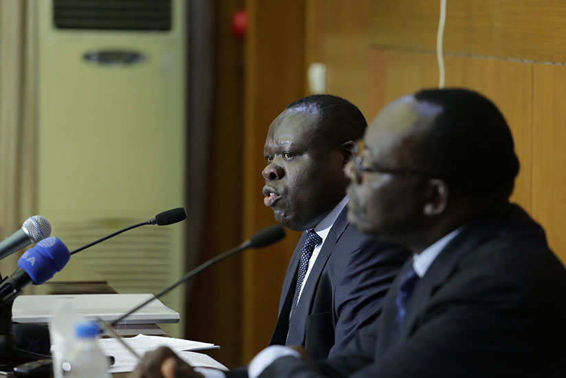 Bazivamo (L) speaks at the press conference as Kanimba looks on, in Kigali, yesterday. / Timothy Kisambira