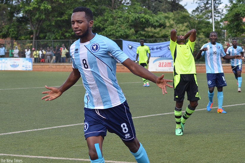 Justin Mico celebrates his goal against Gicumbi FC this season. The striker has so far netted 11 league goals in 21 matches for third-placed Police FC. (S. Ngendahimana)