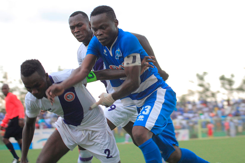 Rayon Sports captain Pierrot Kwizera, right, scored his 9th league goal of the season in the 3-1 win over Sunrise FC on Wednesday. S. Ngendahimana