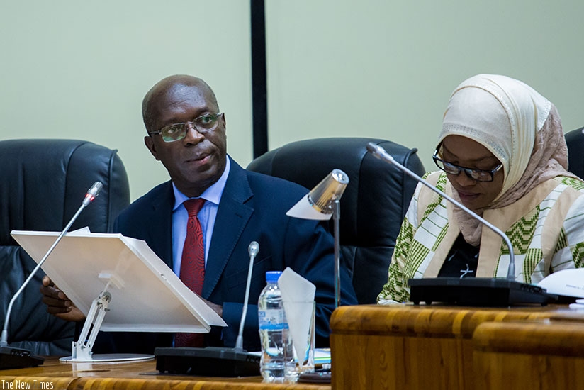 Prime Minister Anastase Murekezi (L) addresses Parliament in the company of Senate vice-president Fatou Harerimana. The premier, who was speaking on the state of health in the coun....