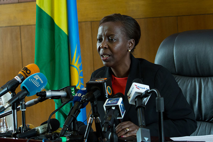 Foreign Affairs minister Louise Mushikiwabo speaks to media in Kigali. (Timothy Kisambira)