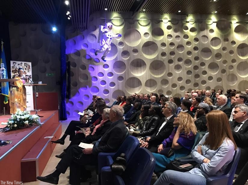 Sophie Musabe testifies at the international commemoration of the Genocide against the Tutsi held in Stockholm on April 7.