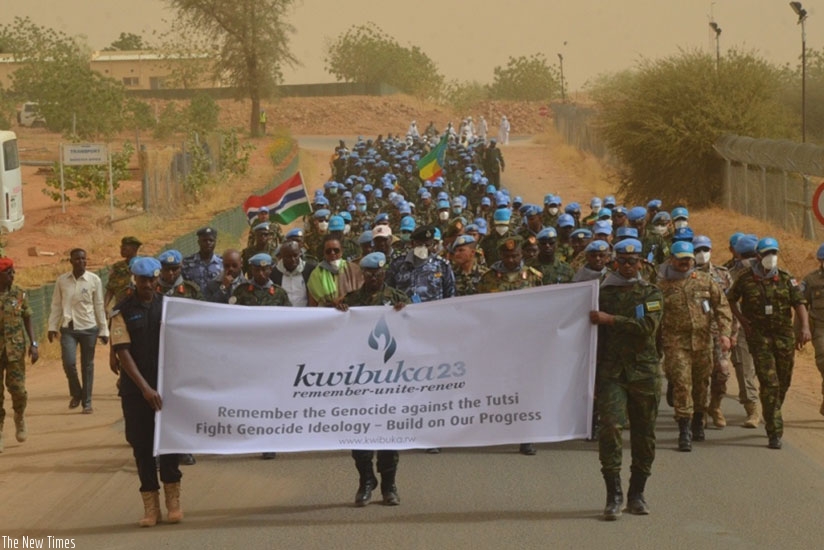 Rwanda peacekeepers during a   Walk to Remember in Darfur as they comemmorate the 1994 Genocide against the Tutsi. (Courtesy)