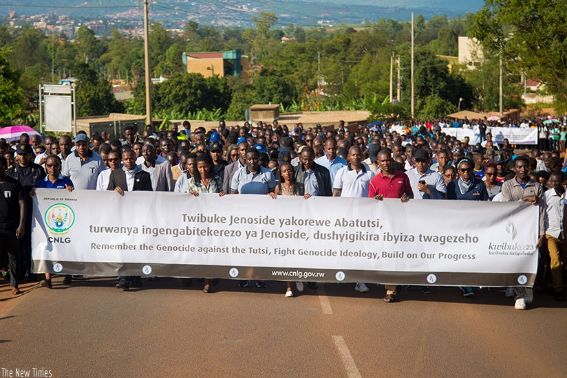 Mourners in a walk to remember the victims of the Genocide against the Tutsi in Nyanza, Kicukiro yesterday.   (Faustin Niyigena)