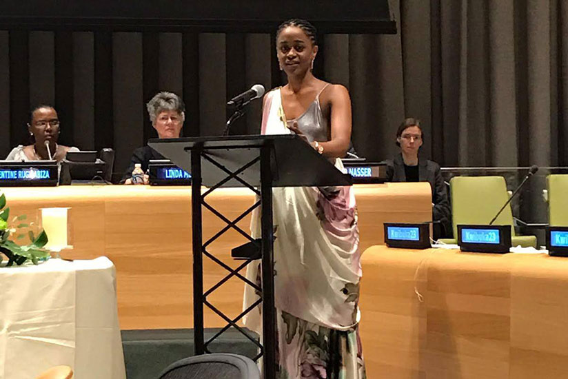 Malaika Uwamahoro during her poetry presentation at the UN headquarters in New York, on April 7. (Courtesy)