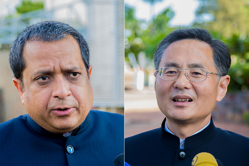 The new High Commissioner of India, Ravi Shankar (L) and Chinese envoy Rao Hongwei. / Faustin Niyigena
