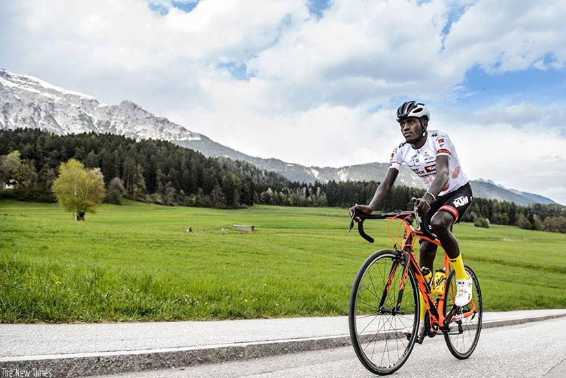 Valens Ndayisenga pictured in training in a Tirol Cycling team jersey in Austria ahead of the 2017 Tour of the Alps that starts today (Courtesy)