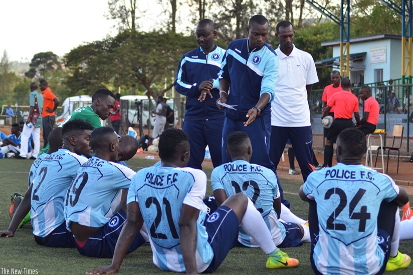 Innocent Seninga delivers half-time team talk during last weeku2019s league match against Pepineire FC at Kicukiro stadium. (Sam Ngendahimana)