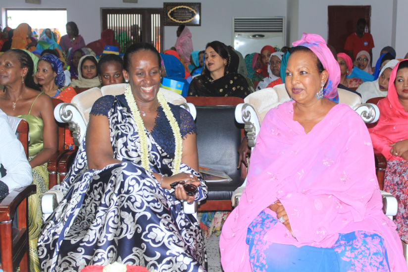 First Ladies Mrs Kadra Mahamoud Haid and Mrs Jeannette Kagame at the UNFD in Djibouti yesterday. (Courtesy)
