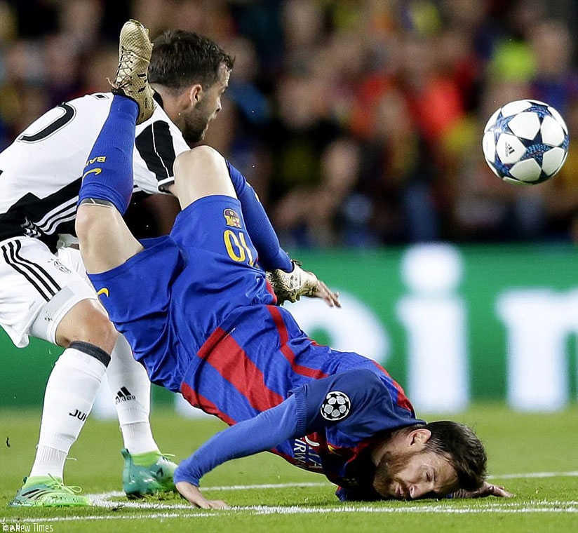 Messi falls flat on his face after he was involved in a challenge with Pjanic in a dangerous area as Barcelona continued to press. Net photo