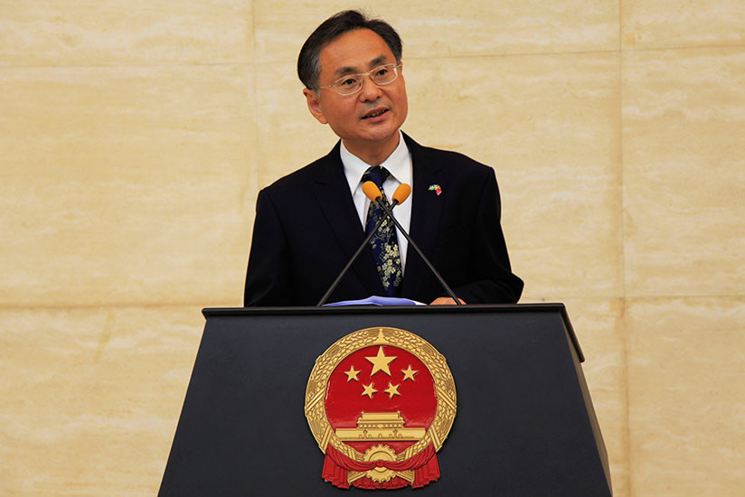 New Chinese Ambassador to Rwanda Rao Hongwei gives his remarks during the event to welcome him in the Embassy (Photos by Sam Ngendahimana)