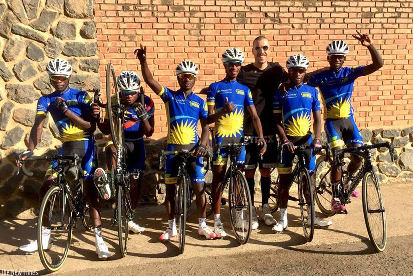 Team Rwanda riders that competed at Tour of Eritrea with head coach Sterling Magnell.