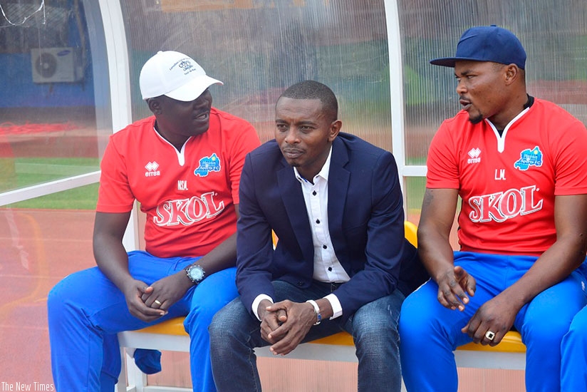 Suspended Rayon Sports head coach Masudi, flanked by his two assistants Nshimiyimana (L), and Marcel Lomami (R). (File)