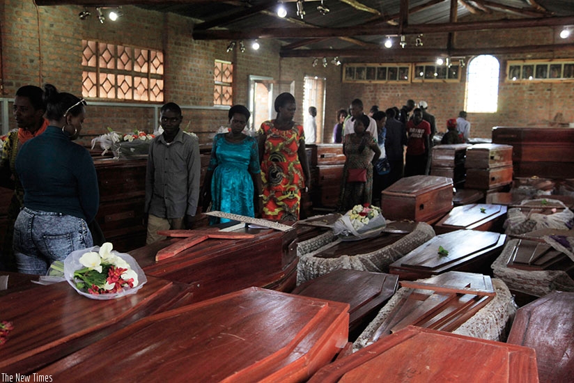 Mourners inside the memorial to honor the victims at Ntarama Genocide Memorial (Sam Ngendahimana)