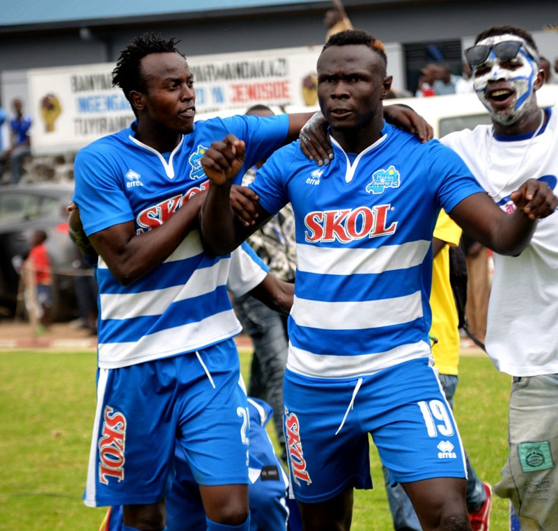 Mali striker Tidiane Kone (right) celebrates with a teammate after scoring against Musanze FC on Saturday. / Courtesy