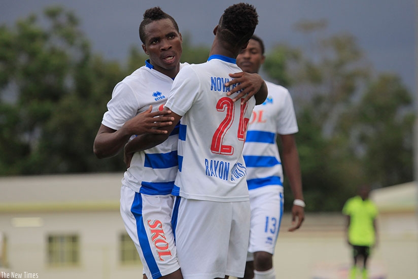 Rayon Sports' winger Mustapha Nsengiyumva celebrates his goal with Nova Bayama who assisted him to score a brace (Photos by Sam Ngendahimana)