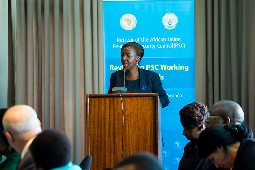 Foreign Affairs minister Louise Mushikiwabo speaks during the meeting in Kigali. (Photos by T. Kisambira)