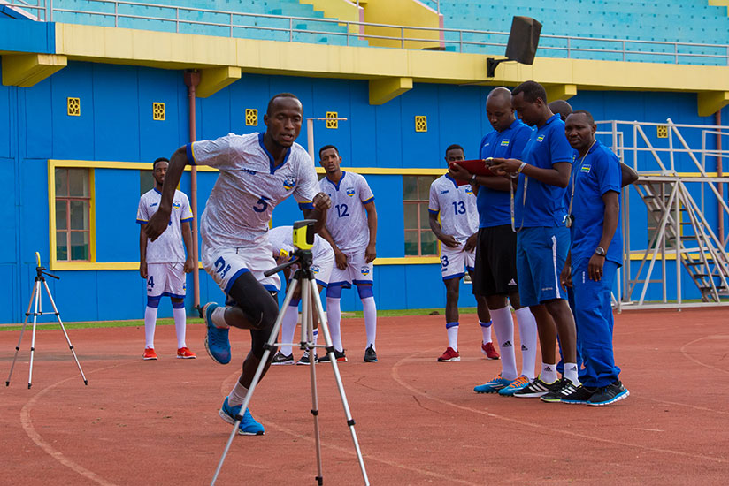 Amavubi players undergoing a fitness test at Amahoro National Stadium yesterday. / Timothy Kisambira